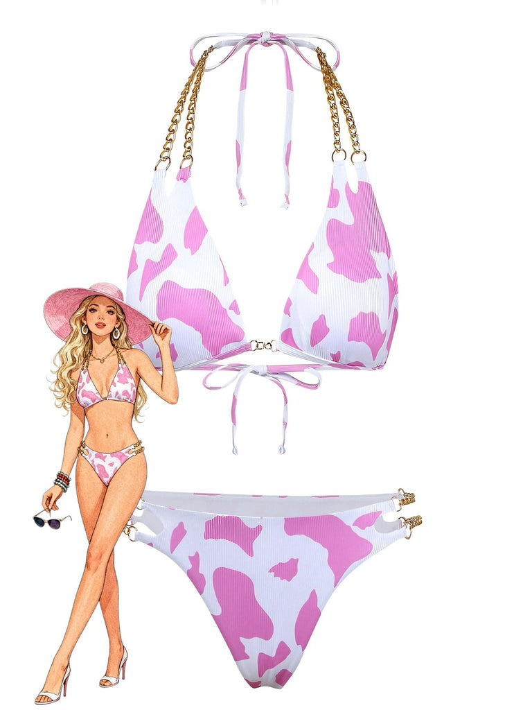 1970er Gerippte Kuh Muster Ketten Halter Bikini Set