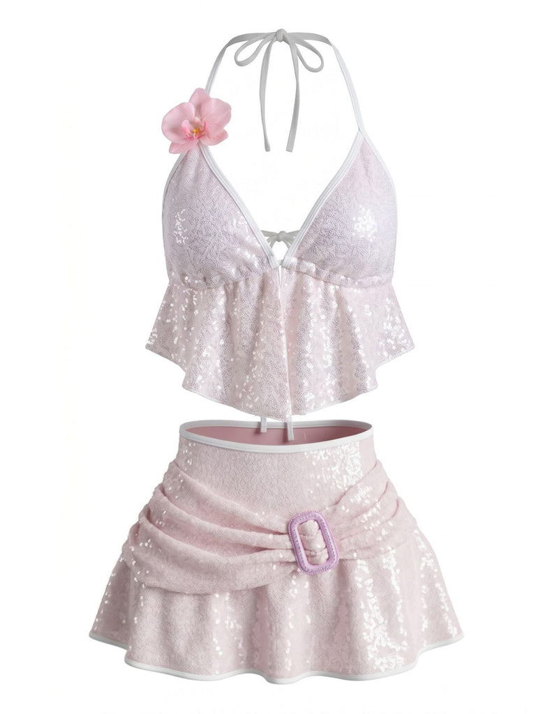 Rosa 80er Bikini-Set mit Pailletten und 3D-Blumen