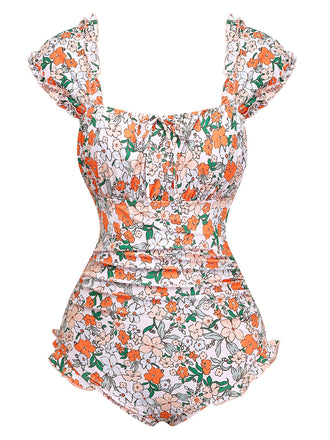 1950er Blumen Rüschen Flügelärmel Einteiliger Badeanzug