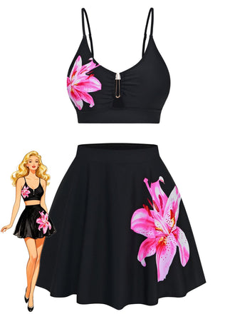 Schwarzes Tankini-Set mit Blumen-Metallschnalle aus den 1940er Jahren