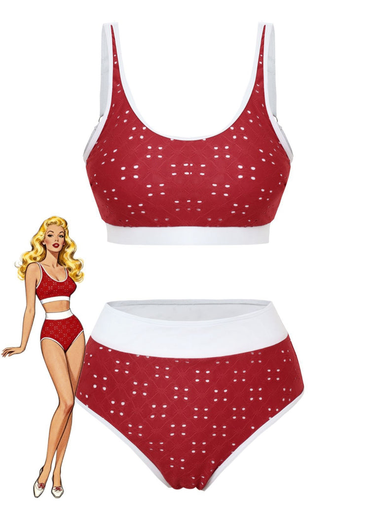 1940er Lochstickerei Hohe Taille Farbblock Tankini Set