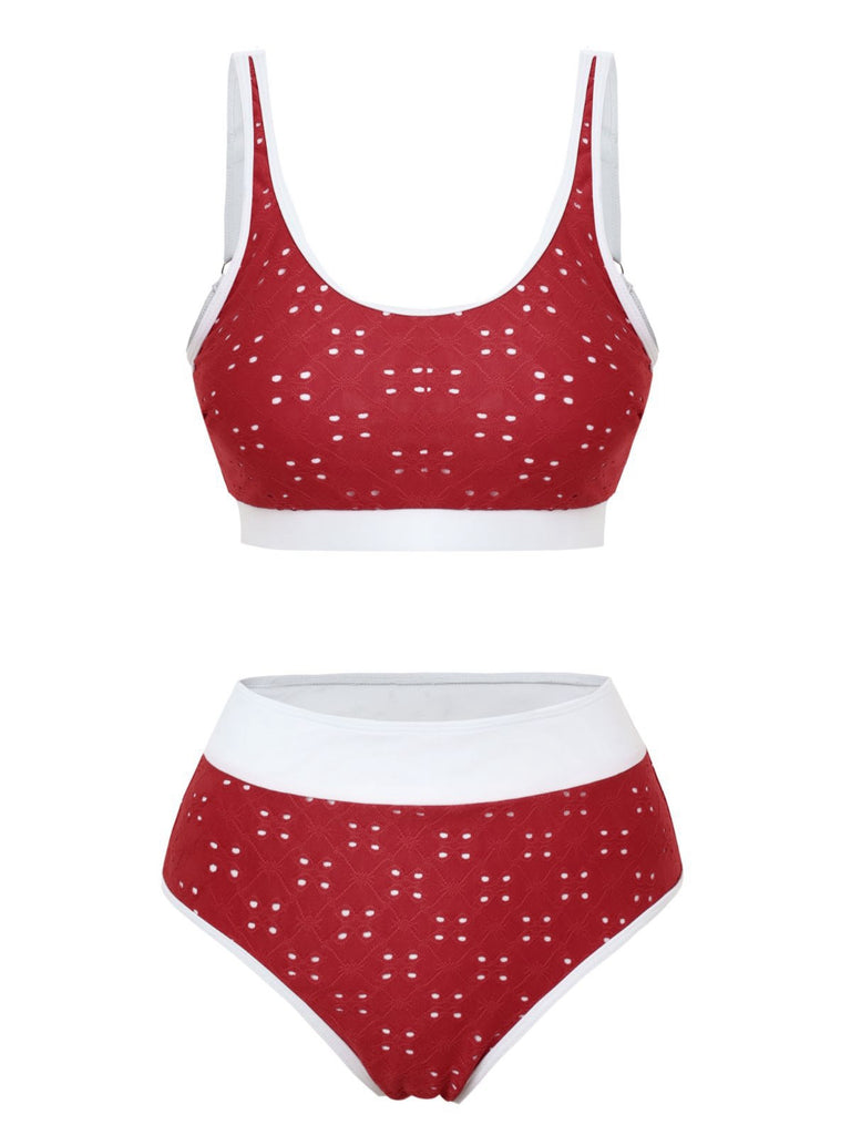 1940er Lochstickerei Hohe Taille Farbblock Tankini Set