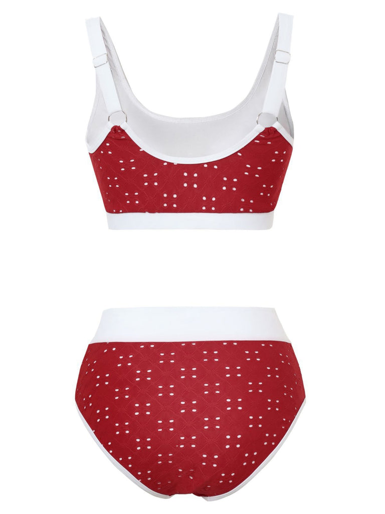 1940er Lochstickerei Hohe Taille Farbblock Tankini Set