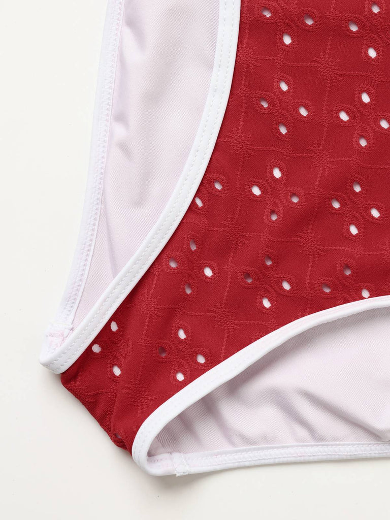1940er Lochstickerei Hohe Taille Farbblock Tankini Set