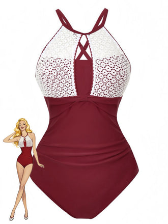 1940er Spitze Patchwork Halter Einteiliger Badeanzug