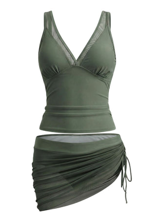 Armeegrünes 60er Tankini-Set & Cover-Up mit Mesh und Raffungen