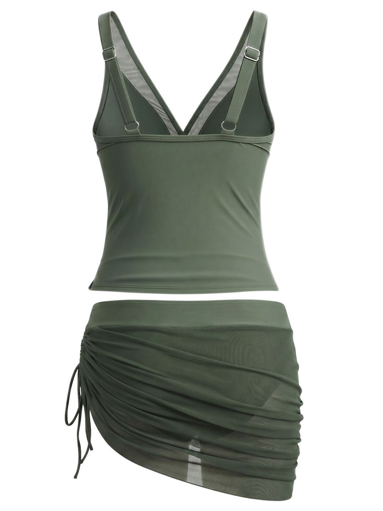 Schwarzes 60er Tankini-Set & Cover-Up mit Mesh und Raffungen