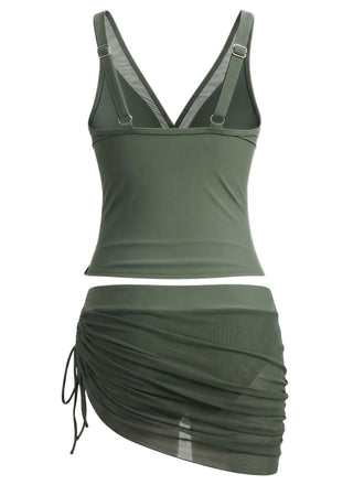 Armeegrünes 60er Tankini-Set & Cover-Up mit Mesh und Raffungen