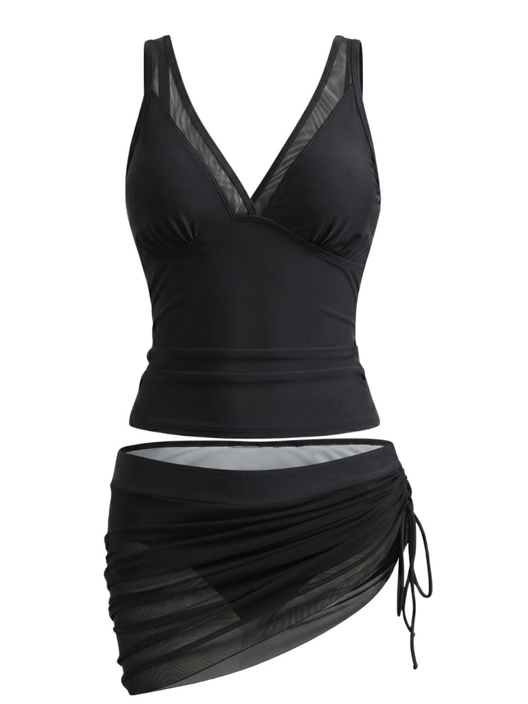 Schwarzes 60er Tankini-Set & Cover-Up mit Mesh und Raffungen