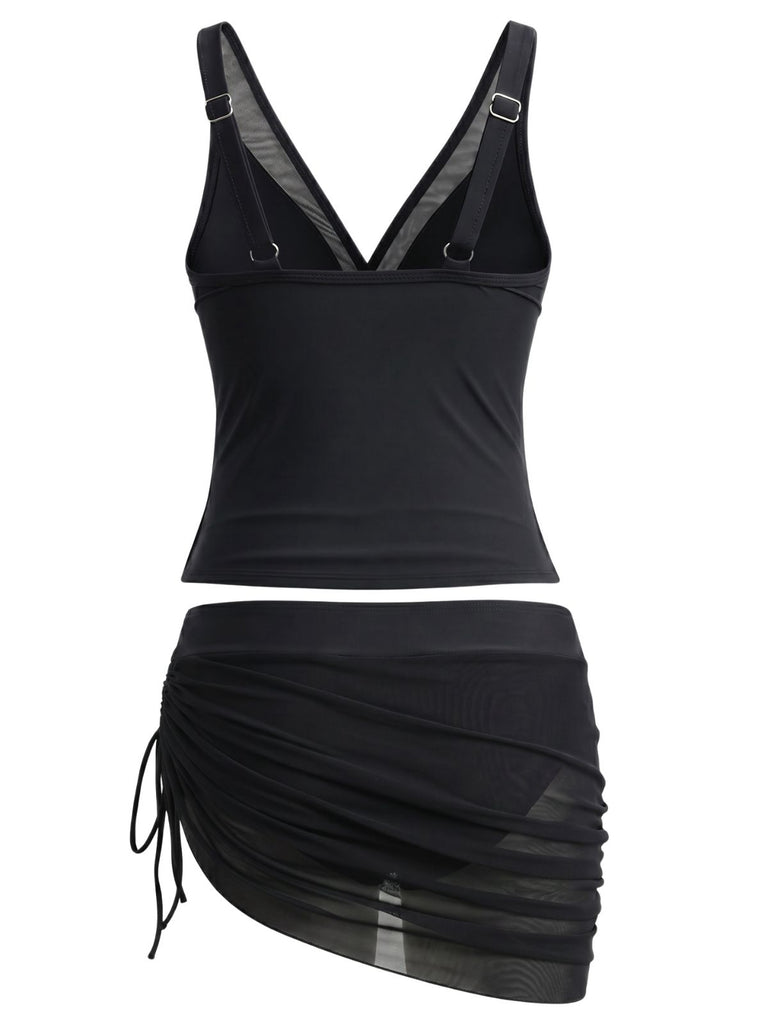 Schwarzes 60er Tankini-Set & Cover-Up mit Mesh und Raffungen
