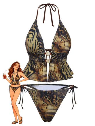 Hellbraunes 1960er-Tankini-Set mit Leopardenmuster und Rüschen vorne zum Binden