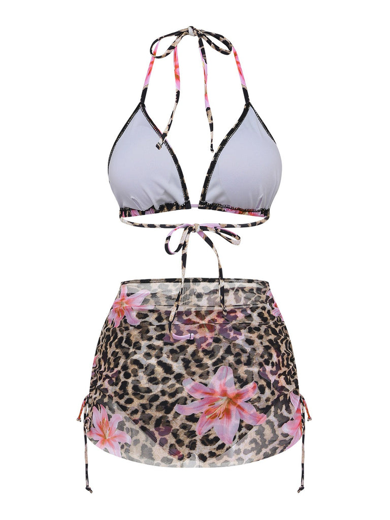 3PCS 1960er Leopard Druck Blumen Bikini Set & Cover Up