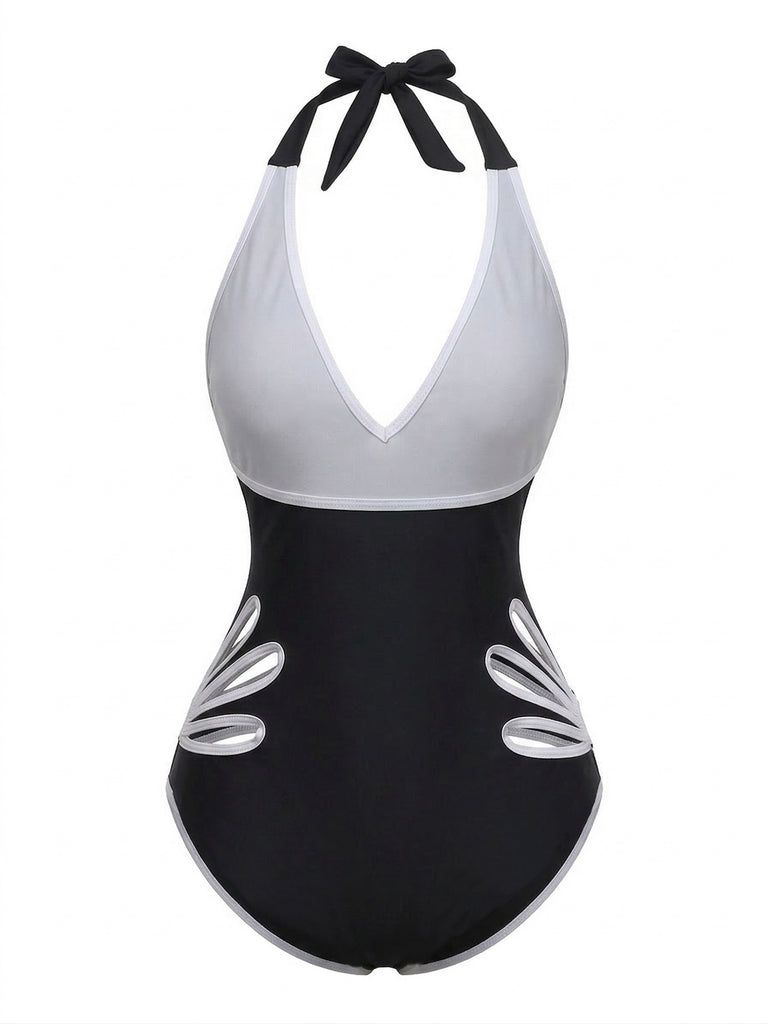 Schwarz 1940er Blumen Cut-Out Halter Einteiliger Badeanzug