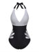 Schwarz 1940er Blumen Cut-Out Halter Einteiliger Badeanzug