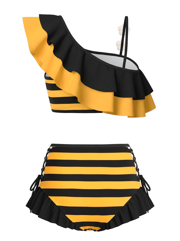 [Vorverkauf] Gelb 1940er Biene Streifen Gänseblümchen Rüschen Bikini Set