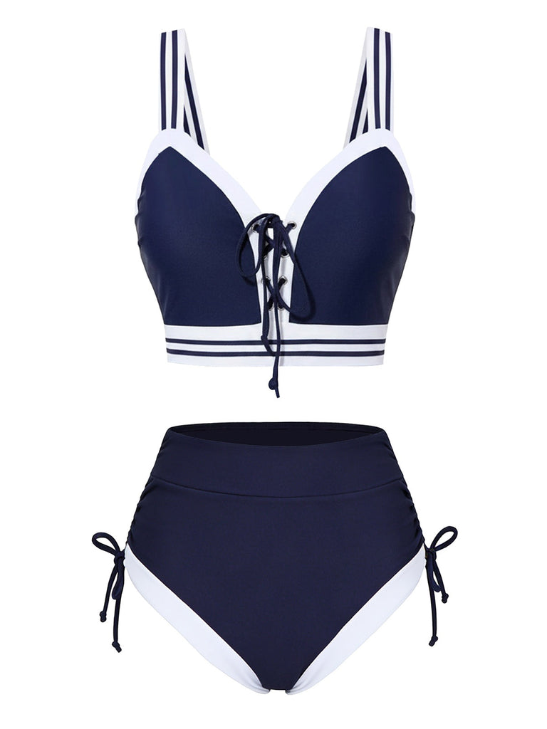 [Vorverkauf] Blau 1940er Nautisch Streifen Schnürung Bikini Set