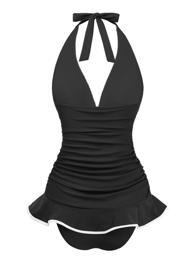 1930er Rüschen Halter Kontrast Besatz Badeanzugkleid