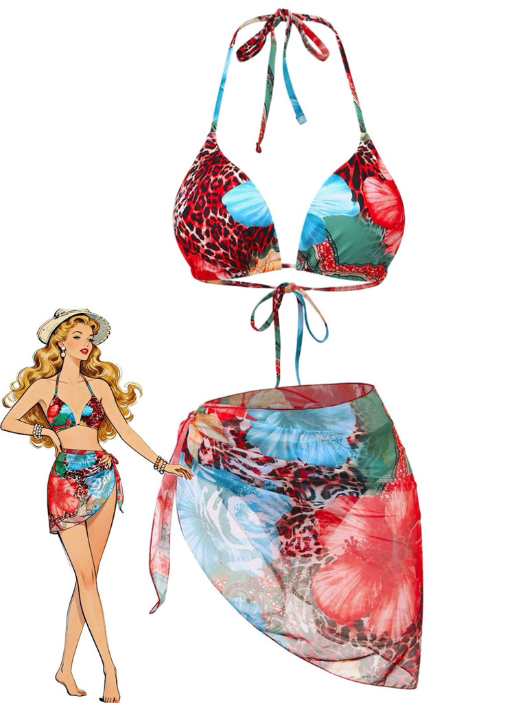 1950er Blumen Leopard Halter Bikini Set & Cover-Up