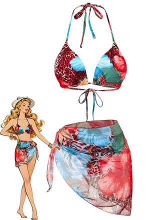 1950er Blumen Leopard Halter Bikini Set & Cover-Up