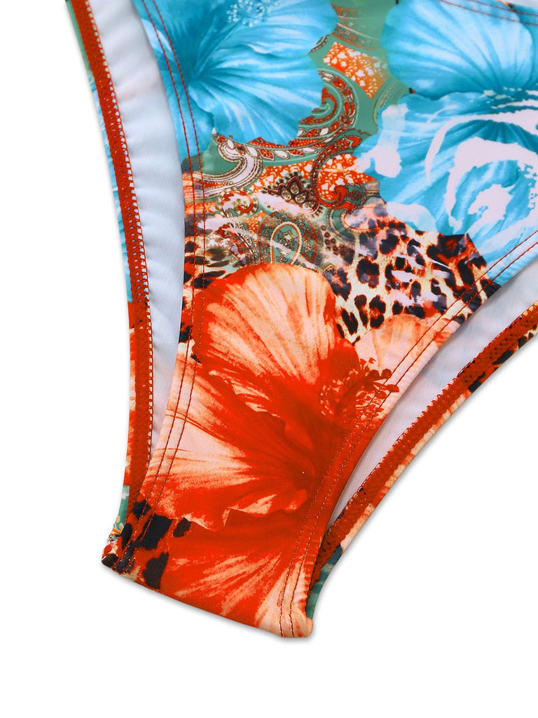 1950er Blumen Leopard Halter Bikini Set & Cover-Up