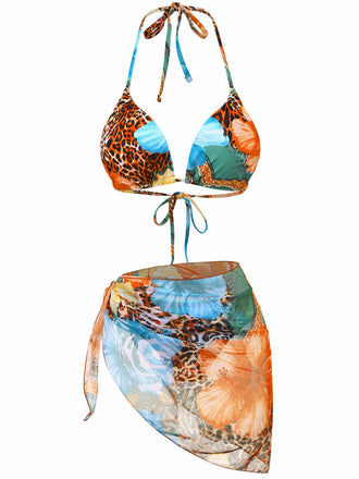 1950er Blumen Leopard Halter Bikini Set & Cover-Up