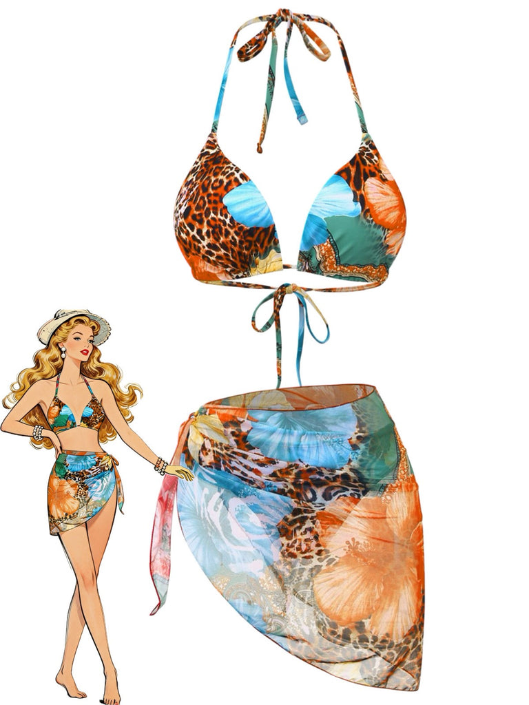 1950er Blumen Leopard Halter Bikini Set & Cover-Up