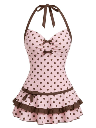 [Vorverkauf] Rosa 1940er Polka Dot Halter Bogen Einteilig Badeanzugkleid