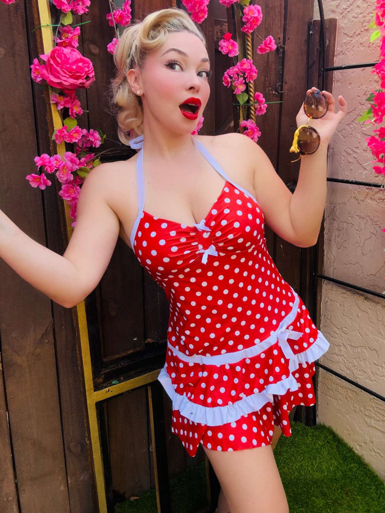 Rot 1940er Polka Dot Halter Bogen Einteilig Badeanzugkleid