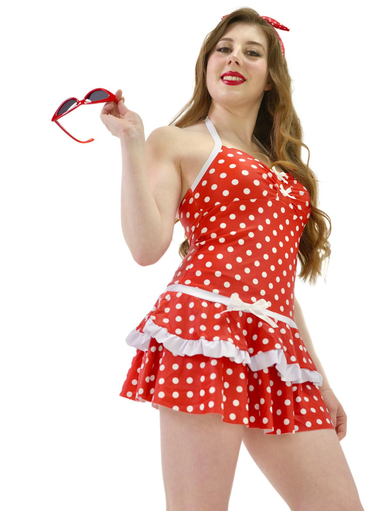 Rot 1940er Polka Dot Halter Bogen Einteilig Badeanzugkleid