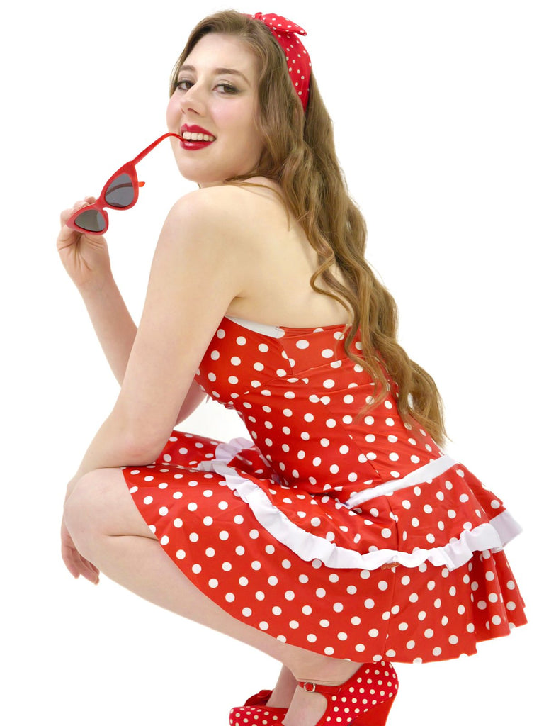 Rot 1940er Polka Dot Halter Bogen Einteilig Badeanzugkleid