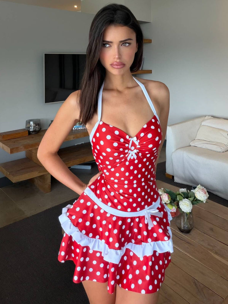 Rot 1940er Polka Dot Halter Bogen Einteilig Badeanzugkleid