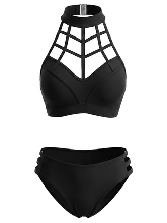 Schwarzes 70er Gothic Bikini-Set mit Neckholder und Cut-out