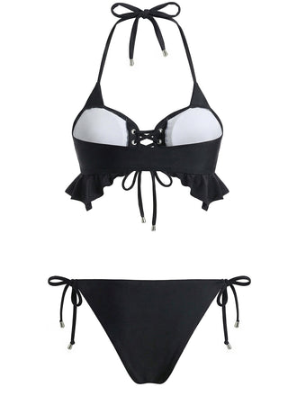 Schwarzes 1950er Bikini-Set mit Neckholder, Schnürung und Rüschensaum