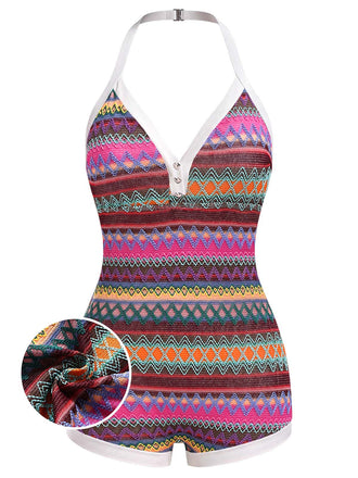 Mehrfarbiger 1950er-Badeanzug mit gestricktem Neckholder