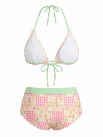 Mehrfarbiges 1950er Neckholder-Bikini-Set mit V-Ausschnitt und Kariert-Blumenmuster