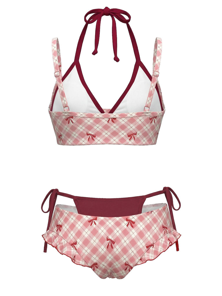 [Vorverkauf] Rot 1950er Kariert Bogen Halter Doppelschicht Bikini Set