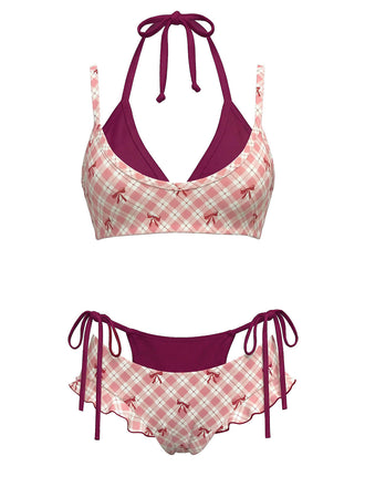 [Vorverkauf] Lila 1950er Kariert Bogen Halter Doppelschicht Bikini Set