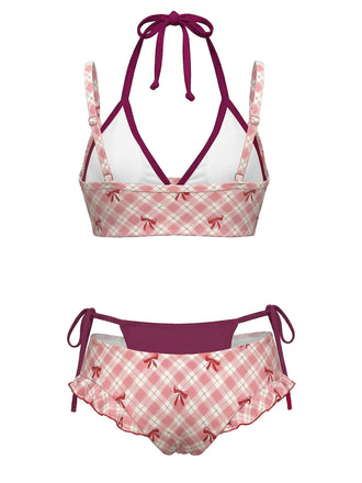 [Vorverkauf] Lila 1950er Kariert Bogen Halter Doppelschicht Bikini Set