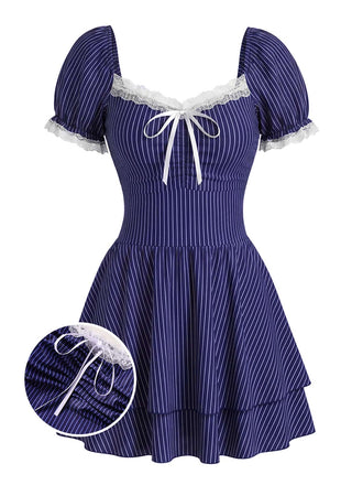Blau 1940er Pinstripe Spitze Puffärmel Einteiliger Badeanzug