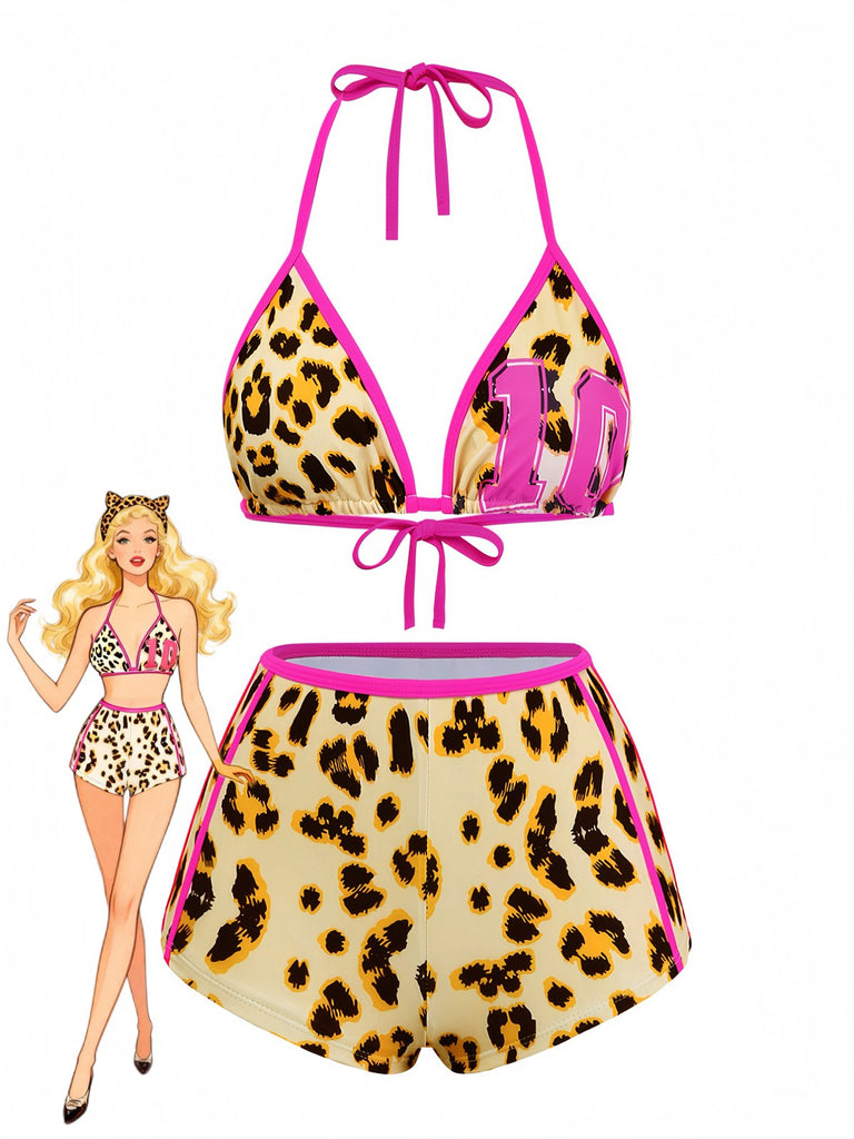 Braun 1950er Leopard Halter Farbblock Bikini Set
