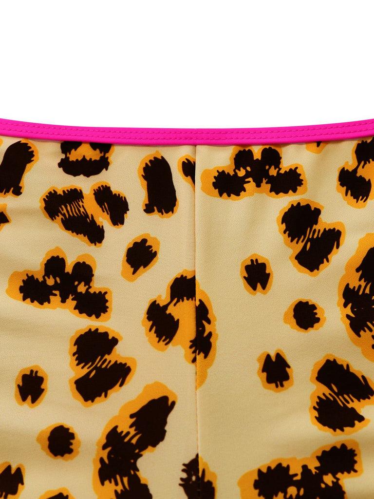 Braun 1950er Leopard Halter Farbblock Bikini Set