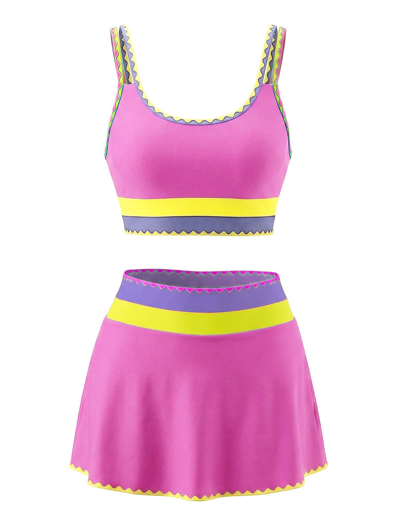 3PCS 1950er Kontrast Zickzack Besatz Tankini Set & Cover-Up