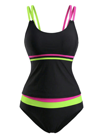 Schwarzes 40er Tankini-Set mit Farbblock und Riemen