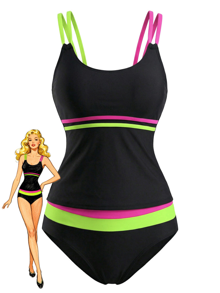 Schwarzes 40er Tankini-Set mit Farbblock und Riemen