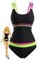 Schwarzes 40er Tankini-Set mit Neon-Farbblock und Doppelträger
