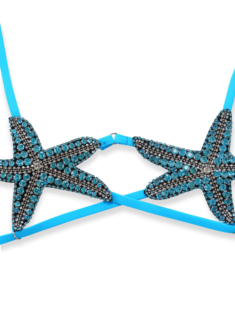Blaues zweiteiliges Bikini-Set mit Seesternmuster aus den 1980er Jahren (3er-Pack)
