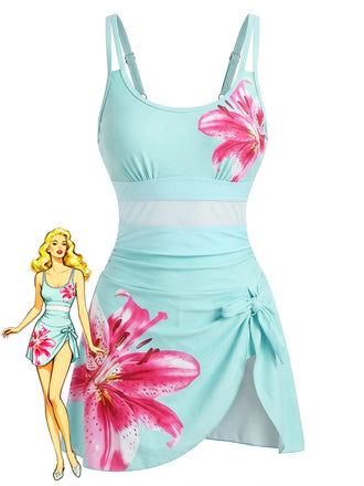 1940er Blumen Riemchen Rundausschnitt Schnür Netz Schwimmkleid