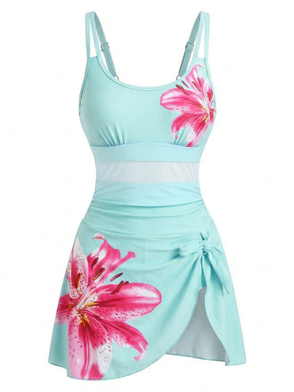 1940er Blumen Riemchen Rundausschnitt Schnür Netz Schwimmkleid