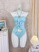 Hellblaues Tankini-Set im Stil der 1950er Jahre mit Neckholder, Rüschen und Schleife, 4-teilig