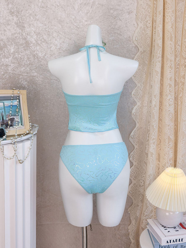 Hellblaues Tankini-Set im Stil der 1950er Jahre mit Neckholder, Rüschen und Schleife, 5-teilig